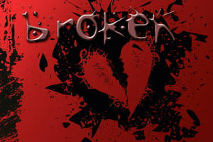 一個破碎的心形剪影，上面有金屬字體的「broken」字樣，背景是紅色飛濺圖案。