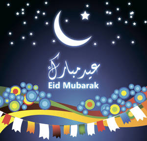 Eid Mubarak祝福，包含新月、星星和色彩繽紛的節日裝飾。