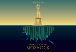 金色尖塔從暗水中升起，倒映的城市天際線和Bioshock文字。