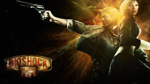 來自Bioshock Infinite的兩個角色在火熱的背景前戲劇性地持槍擺姿勢。