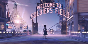 一個人在暮色中走向未來城市中一個發光的拱門，上面寫著「Welcome to Soldiers Field」。