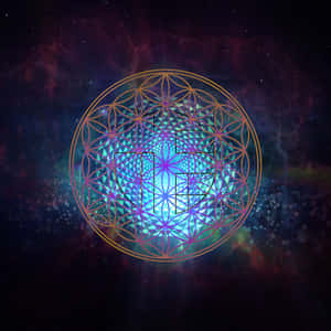 金色生命之花符號在宇宙星雲中發光