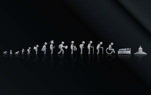 銀色火柴人在反光黑色表面上展示從出生到死亡的生命階段。 — For all mankind GIF 壁紙