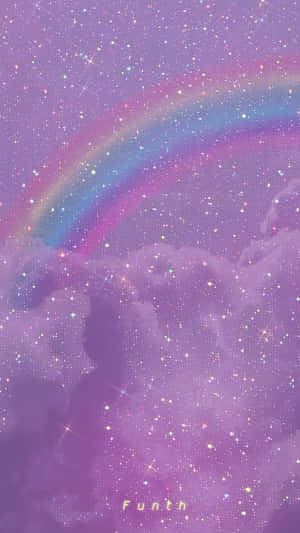 紫色天空上有星星和彩虹在雲朵上