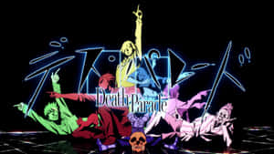 動漫角色以動態姿勢圍繞黑色背景上發光的 Death Parade 標題。