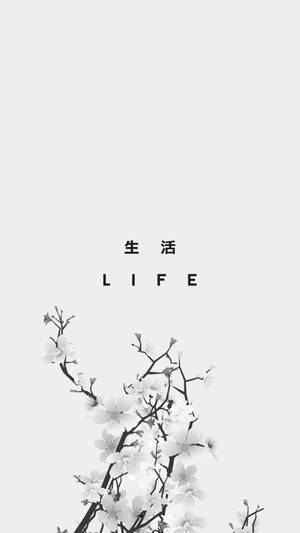 帶有漢字和 life 字樣的櫻花枝條，極簡黑白設計。 — 簡單 壁紙