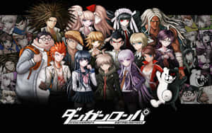 《彈丸論破》動畫角色穿著校服，與吉祥物熊一起擺姿勢。 — 彈丸論破 壁紙