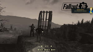 兩名玩家在 Fallout 76 中站在懸崖上，俯瞰廢墟景觀。