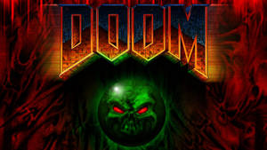 帶有發光綠色骷髏和紅色背景的 Doom 標誌 — 毀滅戰士 壁紙
