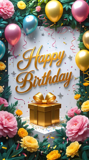 生日祝福，帶有金色文字禮物盒和彩色氣球花朵五彩紙屑