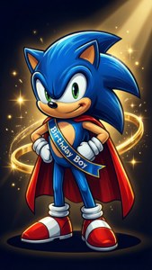 Sonic the Hedgehog 穿著紅色斗篷和「生日男孩」肩帶，身後有金色光環。