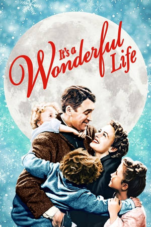 家庭在滿月下擁抱，雪花飄落，紅色文字寫著 It's a Wonderful Life。 — 電影 GIF 壁紙