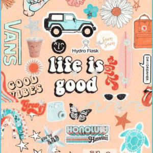 色彩繽紛的貼紙拼貼畫，帶有吉普車衝浪板烏龜和life is good文字。