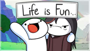 兩個卡通角色，一個快樂舉著寫有 Life is Fun 的牌子，另一個則顯得不悅。 — 卡通 壁紙