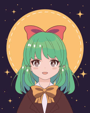 綠色頭髮和紅色蝴蝶結的動漫女孩，在星光燦爛的夜空下，月亮發光。