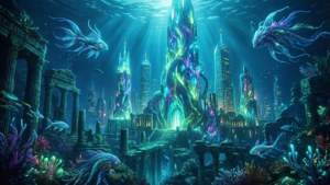 水下城市，發光的塔樓和色彩繽紛的魚類在珊瑚遺跡中。