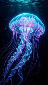 一隻帶有流動觸手的發光水母在深海發光。 — AMOLED 壁紙