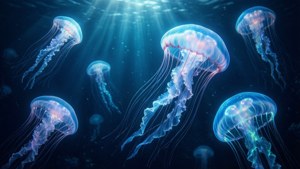 深海中的發光水母漂浮，陽光穿過海水照射。