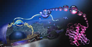 充滿活力的細胞生物學數碼插圖，包含DNA和蛋白質。