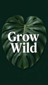 一片心形的大型綠色龜背竹葉，上面有白色文字寫著 Grow Wild。