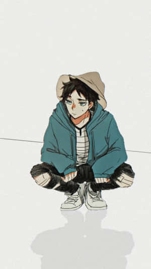 動漫男孩穿著青綠色連帽衫和米色帽子，盤腿坐在地板上，有陰影。