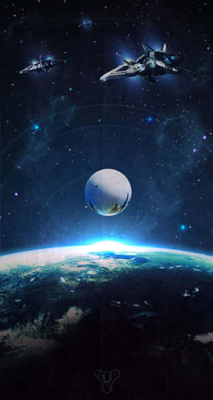 兩艘太空船在深空中飛越一顆發光的藍色行星。