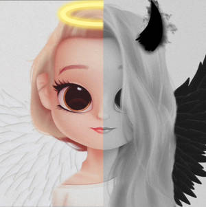 動漫女孩分成天使和惡魔兩半，翅膀和光環形成對比。