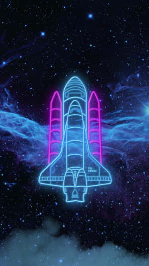 霓虹太空穿梭機漂浮在星空宇宙中，帶有藍色和粉紅色的發光效果。