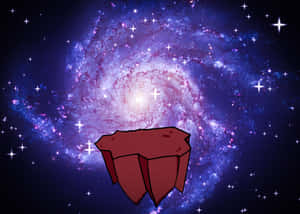 一塊紅色卡通岩石漂浮在一個充滿活力的螺旋星系前。