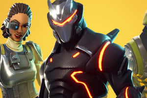 三個身穿未來裝甲、帶有發光橙色點綴的Fortnite角色。