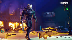 穿著黑色盔甲的Fortnite角色在一個燃燒的城市中行走，地上有武器。
