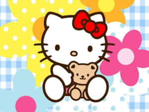 Hello Kitty抱著一隻泰迪熊，背景是色彩繽紛的花朵和圓點圖案。