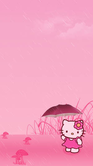 Hello Kitty 在粉紅色的雨田野中撐著雨傘，旁邊有蘑菇。