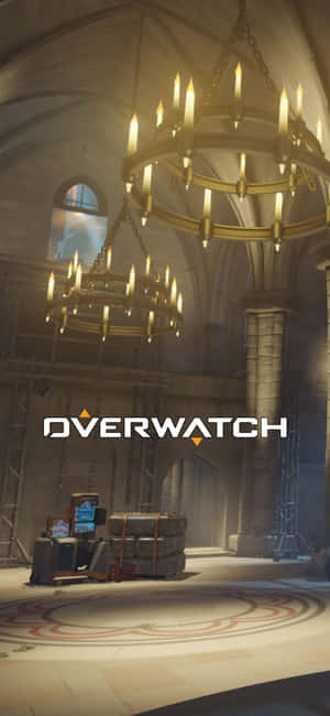 在宏偉大教堂中的Overwatch遊戲場景，有發光吊燈和石頭建築。 — 鬥陣特攻 GIF 壁紙