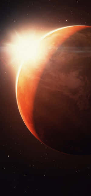行星在繁星點點的太空中遮蔽太陽，帶有發光的邊緣