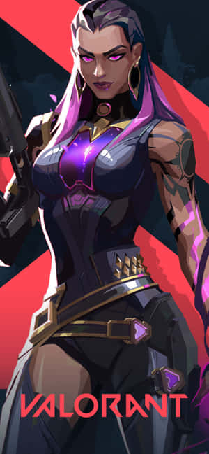 一位女性 Valorant 特工，身穿暗色盔甲，手持武器，眼睛發出紫色光芒。 — OnePlus 13s 壁紙