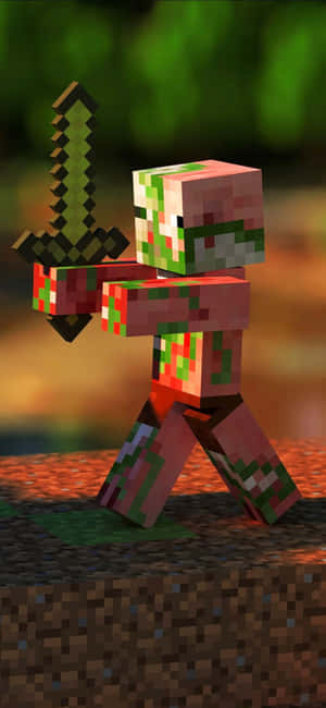 Minecraft角色在森林中的泥土方塊上持劍 — iPhone 16 Plus 壁紙