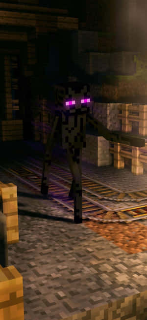 Minecraft中的終界使者站在黑暗地鐵站的鐵軌上。 — HMD 壁紙