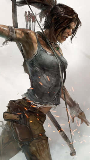 一位粗獷的冒險者拉弓，周圍火花飛舞。