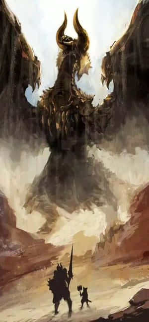 戰士和小夥伴在黃昏時分的霧氣峽谷中面對巨大的有角惡魔。 — 銀河A 壁紙