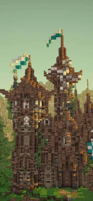 在Minecraft風格的遊戲世界中，一座帶有藤蔓和旗幟的像素化城堡。 — iPhone 16 Pro Max 壁紙