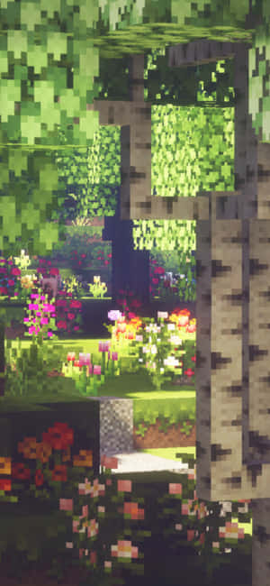 像素化的Minecraft森林，有白樺樹和色彩繽紛的花朵，在日光下。 — Pixel 10 Pro XL 壁紙