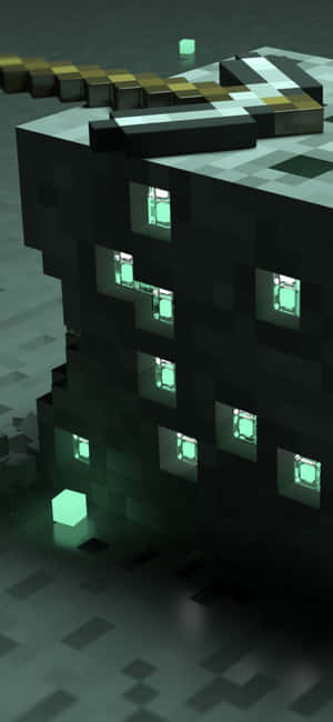 一座Minecraft風格的黑暗像素化建築，帶有發光的綠色窗戶。 — iPhone 15 Plus 壁紙