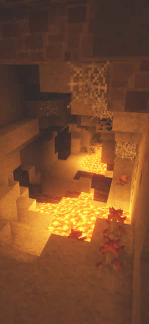 Minecraft 洞穴，有發光的熔岩和紅石火把照亮石牆。 — Xiaomi 15 Ultra 壁紙