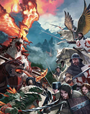 奇幻戰士在熾熱的山地戰鬥中與龍和帶翼野獸作戰。