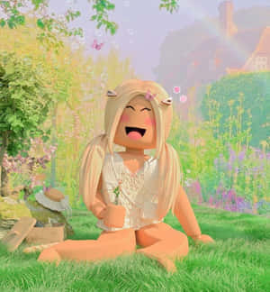 一個微笑的Roblox角色坐在色彩繽紛的花園中，有飄浮的泡泡和蝴蝶。