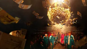 穿著編號運動服的玩家站在發光的金錢球體下,貨幣如雨般灑落。