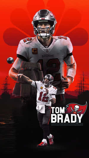 Tom Brady 身穿海盜隊制服，在火紅背景前投擲橄欖球。