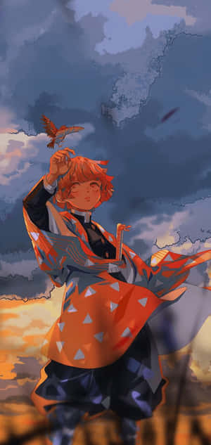 動漫男孩穿著橙色和服，在黃昏天空下伸手觸碰鳥。