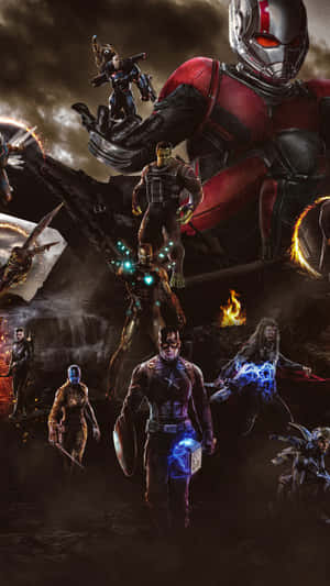Marvel 超級英雄在戰鬥中展現發光能力，背景為黑暗暴風雨。 — 復仇者聯盟 壁紙